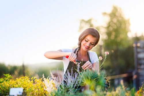 A woman with light brown hair and a cheerful expression is tending to a garden in an outdoor setting, holding a small gardening fork or trowel while planting or adjusting flowering plants and greenery. The garden features a variety of plants and flowers with different colours, including yellow, white, and purple blooms, set against a backdrop of lush green hedges and trees. The ground appears to be landscaped with a combination of soil and planted borders, organized within a well-maintained outdoor space that includes a neat lawn area in the foreground. The scene is illuminated by natural daylight, suggesting a bright, clear day, with soft sunlight highlighting the vibrant colours and textures of the plants. The garden looks professionally maintained and suited for outdoor leisure, with visible plant beds and neatly arranged vegetation. This scene supports gardening services such as planting, garden maintenance, and landscape enhancement, aligned with the services provided by Landscapers Hammersmith, located in or near Hammersmith, London, NW or W postcode areas.