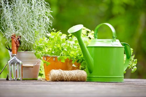 A neatly arranged garden scene featuring a wooden outdoor surface with various gardening tools and supplies. On the left, there are metal hand tools, including a garden fork, partly inside a beige container. Next to it, a small terracotta pot holds lush green herbs, with bright green leaves visible. Adjacent to the pot, a coiled natural jute twine rests on the wooden surface. To the right, a vibrant green watering can with a long spout and handle is positioned prominently. In the background, out of focus, there are taller potted plants with silvery-grey foliage and dense green herbs, suggesting a well-maintained garden space typical of residential outdoor areas in Hammersmith. The natural lighting indicates a bright, possibly sunny day, with fresh greenery enhancing the overall garden atmosphere. The scene exemplifies typical gardening and landscaping elements found in UK gardens, supporting professional gardening services by showcasing tools, plants, and outdoor environment suitable for lawn care and garden maintenance.
