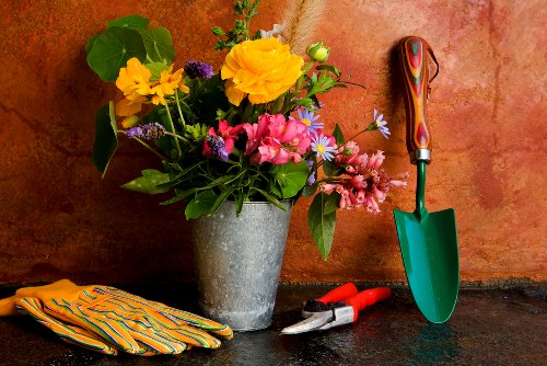 A close-up image of a gardener’s work area showing a large, grey concrete pot filled with a colorful assortment of fresh flowers, including bright yellow, pink, and purple blooms, along with green leaves. Surrounding the pot are gardening tools and accessories arranged on a dark, textured surface. To the right of the pot, there is a small green hand trowel with a wooden handle, a pair of red pruning shears, and a pair of multicoloured gardening gloves with orange, yellow, and blue stripes. The background features a warm-toned outdoor wall with a weathered, rustic appearance, suggesting an outdoor garden setting in Hammersmith, London. The scene highlights tools and decorative plant arrangements typical of gardening activities, with natural lighting emphasizing the vibrant colours of the flowers and the textures of the tools and surface, supporting professional gardening and landscaping services offered by Landscapers Hammersmith.