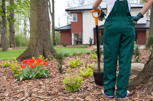 The image depicts a gardener in green work overalls standing in a well-maintained garden area in Hammersmith, London, with only the lower half of their body visible while holding a shovel. The garden features a landscaped border with a bed of red tulips and other small green plants, surrounded by wood mulch mulch covering the soil. In the background, there is a large mature tree with textured bark, a lush green lawn, and a modern brick house with white-framed windows and a dark tiled roof. The scene appears to be taken on a clear day with soft natural lighting, highlighting the healthy foliage and vibrant flower colours, reflecting professional gardening and outdoor maintenance services that focus on sustainable landscaping practices in Hammersmith. The overall environment suggests a residential outdoor space designed for aesthetic appeal and ecological friendliness, aligning with the themes of recycling and sustainability emphasized by Landscapers Hammersmith.